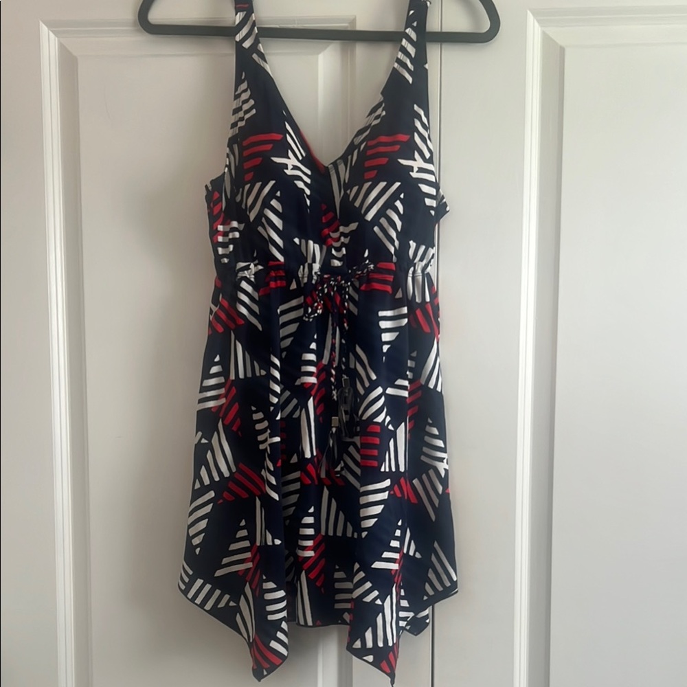 Navy and Red Geometric Patterned handkerchief, hemmed, swim suit